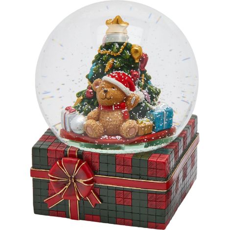 Sfera d'acqua su pacco regalo con orso, decorazione natalizia alta 20 cm -Orso con albero (1/4)