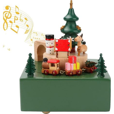 Boîte à musique de Noël, Boîte à musique vintage avec train de rotation Mécanisme sculpté en bois Artisanat musical Boîte musique en bois Bonhomme de neige Elk Décoration de Noël Boîte musique (1/5)