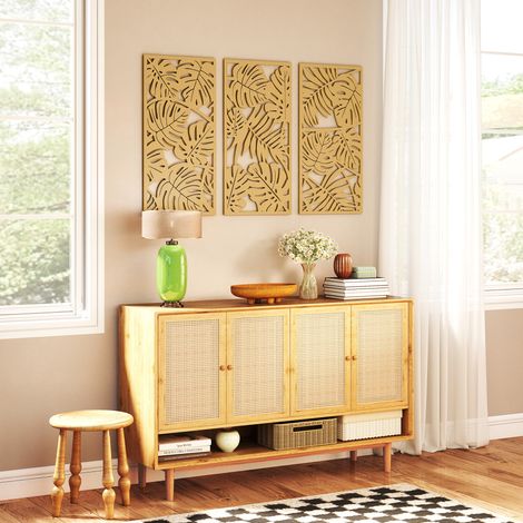 Ensemble de 3 Décorations Murales - HOMCOM - en Bois - 3D - 40 x 80 cm - Feuilles Tropicales - effet Bois Naturel