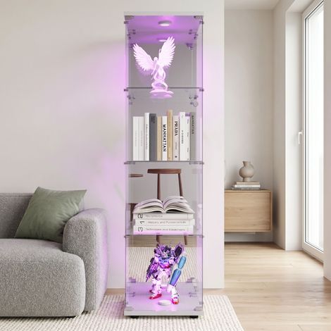 Vetrina in vetro - Vetrina moderna a quattro ripiani in vetro con illuminazione a LED e specchio - Vetrina in vetro temperato - Bianca (1/5)