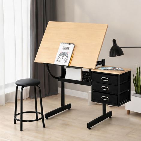 Table à dessin inclinable avec tabouret et tiroirs 116 x 60 x 75 (1/5)