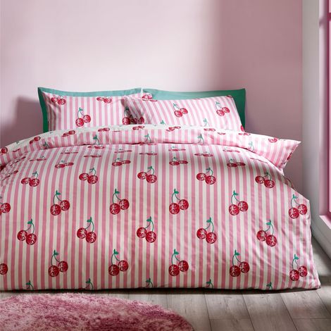 Parure de lit réversible avec Housse de Couette et taies d'oreiller Motif Rayures Cerises Rose (1/5)