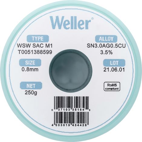 Weller WSW SAC M1 Lötzinn, bleifrei Spule Sn3,0Ag0,5Cu  250 g 0.8 mm