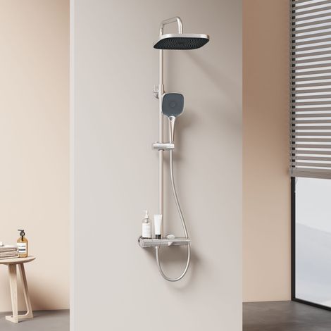 EMKE Duschsystem mit Thermostat Duschset Duschsäuleset mit Brausestange, Handbrause mit 3 Strahlstärken, Regendusche, Chrom (1/5)