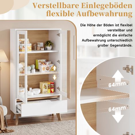 Meuble de rangement cuisine, buffet bas pour petit espace, armoire de stockage avec étagères réglables, blanc et bois clair, pour salon ou salle à manger (1/5)