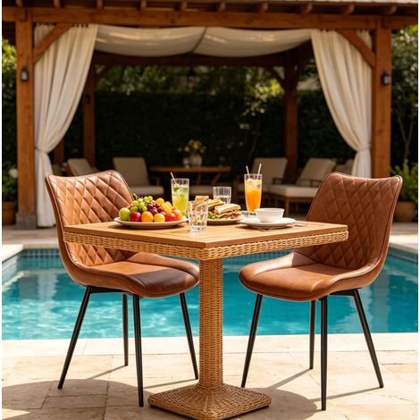 Set di 2 sedie da pranzo con schienale curvo ergonomico, similpelle marrone chiaro, gambe in metallo (1/5)