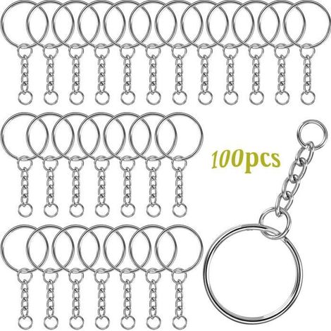 Lot de 100 porte-clés avec chaînette, anneaux de 25 mm avec mousqueton et anneau ouvert - Argent