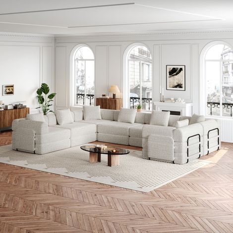 Sofá cama de chenilla convertible con cojines, sillón, sofá tapizado con reposabrazos y almacenaje - Combinación libre, 6 plazas, gris claro (1/5)
