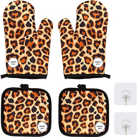 Double Layer Cotton Pizza Oven Mitt Leopard Print Microwave Oven Gloves with Hooks (1/5)