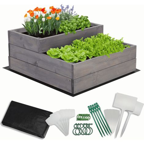 MODO24 Carré potager surélevé en bois, 2 niveaux en cascade, 27x60x63 cm, jardin/terrasse, kit jardinier inclus, gris imprégné