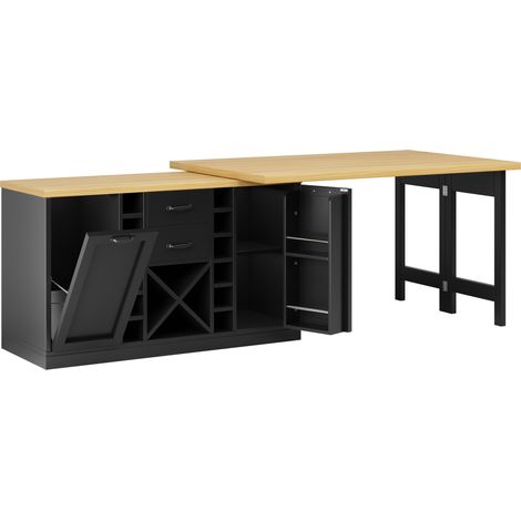 Isola cucina girevole 360° con contenitore 120-223 cm, MDF e metallo, nera (1/5)