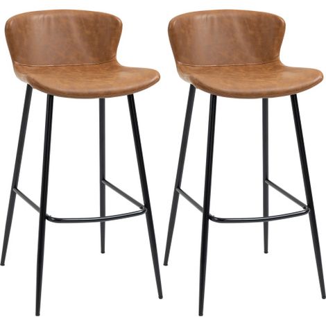 Set of 2 PU Leather Bar Stools with Backs,Stylish Kitchen Counter Chairs with Steel Legs and Footrests,Perfect for Dining Room,Brown (1/5)