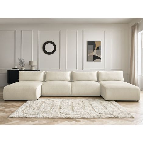 BOBOCHIC - Canapé panoramique fixe modulable avec têtières JANA tissu velours avec 2 méridiennes et 2 chauffeuses   Beige
