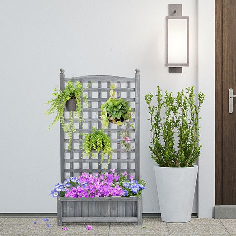 Jardinière surélevée Outsunny avec treillis, bac à fleurs, support pour plantes grimpantes, arche pour rosiers grimpants, bois de jardin, gris, 64 x 28 x 120 cm (1/5)