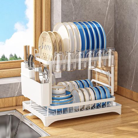 Draineur 2-Tier Utensile pour comptoirs de cuisine, Draineur d'Utensile multifonctionnel avec plaque d'égout, Blanc (1/5)