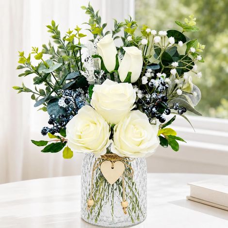 Florale Artificielle avec Vase en Verre, Bouquet de Fleurs en Rose Blanc, Eucalyptus en Soie, Florale Artificielle Réaliste, Centre de Table pour Salon, Cuisine, Bureau, Mariage, Décoration Maison