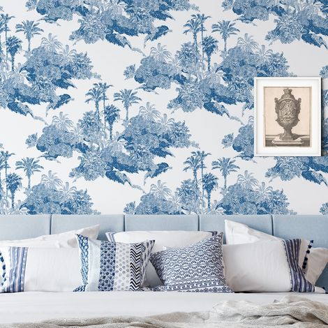 Papel pintado vintage con bosque blanco y azul Toile de Jouy Blu