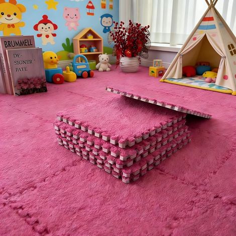 12 pièces de tapis en mousse en peluche emboîtables, tapis de salon-chambre, tapis de sol avec bord, douces tapis de jeu en puzzle en peluche 30x30x1cm (Rose rouge) (1/5)