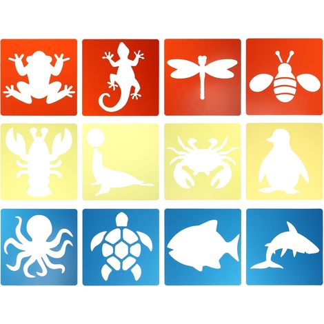 Pochoirs de Dessin Animaux Réutilisables 12 Pièces en Pp Colorés pour Garçon et Filles, Modèle Creux Adorable, pour Peinture et Cartes de Vœux (1/5)