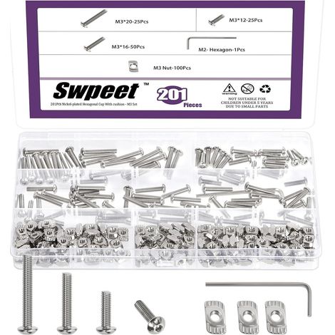 201 Pièces Kit d'Assortiment d'Écrous à Griffes (T-Nuts) et Vis M3 Nickelé avec Clé Hexagonale, Boulons à Tête Bombée/Cylindrique à Six Pans Creux M3×12/16/20, de Profilés Aluminium Série 2020 (1/5)