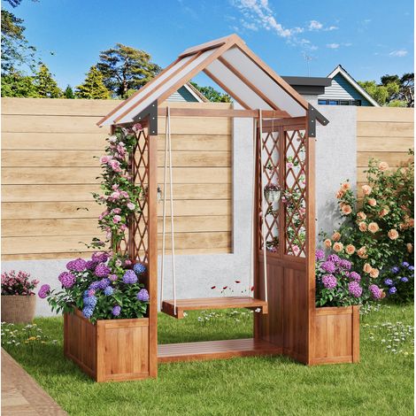 Jardinière avec pergola 142x70x163 cm en bois marron, design moderne pour jardin FLORAGRACE (1/5)