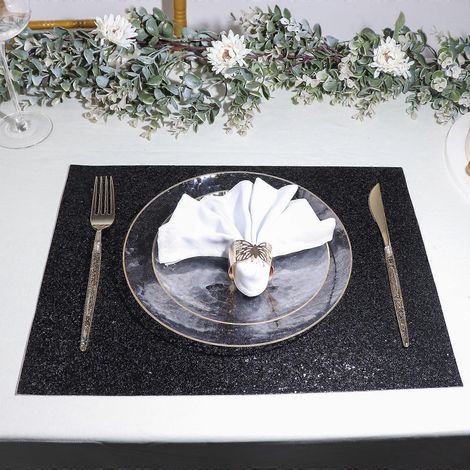 Lot de 6 sets de table antidérapants, rectangulaires, en similicuir à paillettes - Noir, pour mariages, banquets, fêtes, cuisine, salles à manger, tables de conférence (1/4)