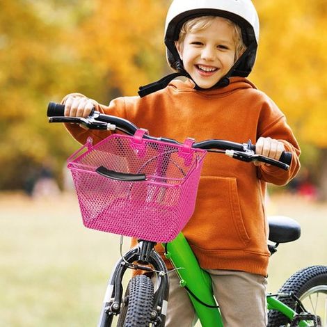 Cesta para bicicleta infantil - Cesta para manillar - Portaequipajes delantero - Estructura de hierro reforzado - 24,5 x 14 x 14 cm - Rosa (1/5)