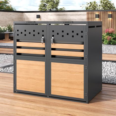 Doppel Mülltonnenbox 132x80x120cm mit hydraulischem Klappdeckel und Schloss aus verzinktem Stahl Modern Grau und Holzoptik