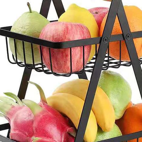 Panier de rangement en fer et bois, 2 niveaux, étagère amovible pour fruits et légumes, idéale pour le salon, la cuisine ou un bureau (noir). (1/5)