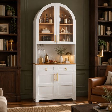 Credenza alta ad arco con vetrina, LED via app e USB, 80 x 40 x 180 cm, bianca (1/5)