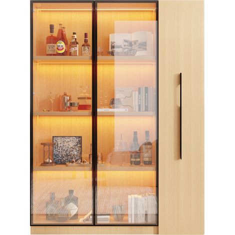 Vitrine Chêne en MDF et verre, Avec Éclairage LED et Étagères Réglables, 110 x 35 x 160cm - pour bureau, salon (1/5)