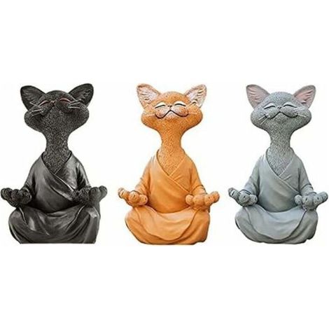Lot de 3 statues de chat méditant – Bouddha heureux en forme de chat – Statue de chat zen pour la méditation ou le yoga – Sculpture détendue pour la maison ou l'extérieur