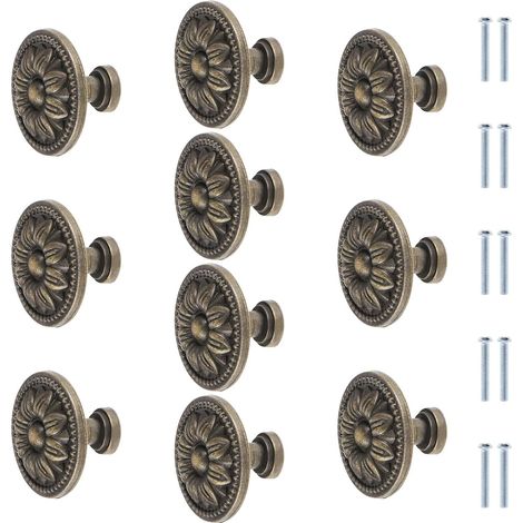 Sollbry 10 pomos redondos de bronce antiguo con diseño de flor para muebles, de 35 mm, para cajones de armarios de cocina vintage, tiradores de bronce para cajones. (1/4)
