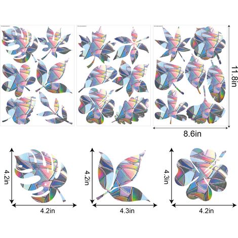 [Autocollants décoratifs] 3 planches autocollants anti-collision vitres feuilles arc-en-ciel PVC électrostatique 19 motifs adhésif amovible fenêtres veranda taille 22x30cm (1/5)