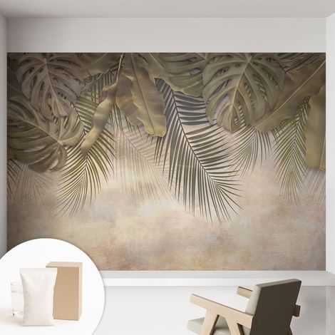 Fototapete Tapete Vliestapete mit Kleber - trendige Wanddeko - Schlafzimmer - Wohnzimmer Tropische Blätter 152x104 cm (1/5)