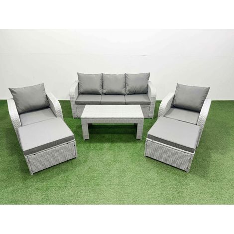 Fimous PE Rattan Garden Furniture Set Reclining Chair Sofa Lounge Sofa Set Rectangular Coffee Table 2 Big Footstool Light Grey (1/4)