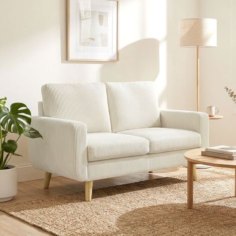 Canapé 2 places en velours côtelé, canapé de salon moderne 134 cm, assise rembourrée, coussin à ressorts, crème (1/5)