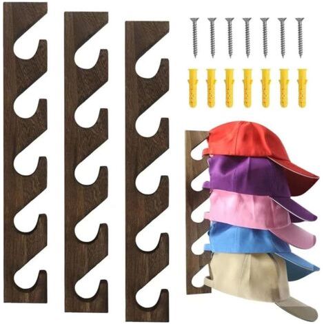 Set mit 3 Hutablagen für Baseballkappen, vertikaler, wandmontierter Baseballkappenhalter aus Holz, für Schranktür, Schlafzimmer, Wohnzimmer, Eingangsbereich, Waschküche (braun) (1/5)