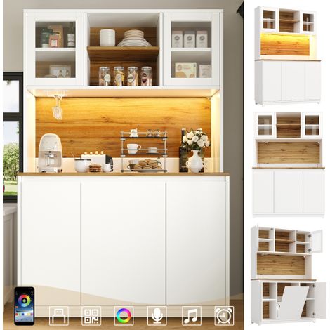 Buffet haut cuisine blanc 120x40x180cm portes acrylique LED pilotable app synchronisation musique niche suspension verres système anti-bascule charge 60kg salle à manger bureau salon (1/5)