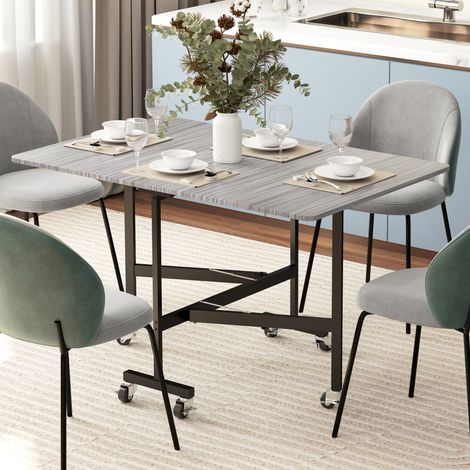Table à Manger Pliante 4-6 Personnes 120 cm, Roues Freins, 2 Abattants, Industriel, Gris (1/5)