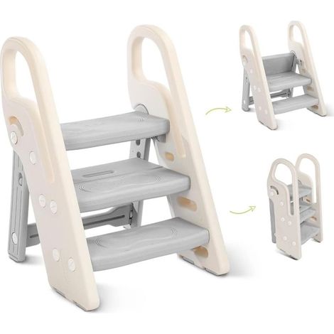 Marche Pied Pliable pour Enfant, Marchepied 3 Marches pour bébé, Marchepieds Hauteur réglable pour Chambre de bébé Rehausseur Stable, Multifonction et Antidérapant, avec Poignées Sécurité,654946cm,Gri (1/5)