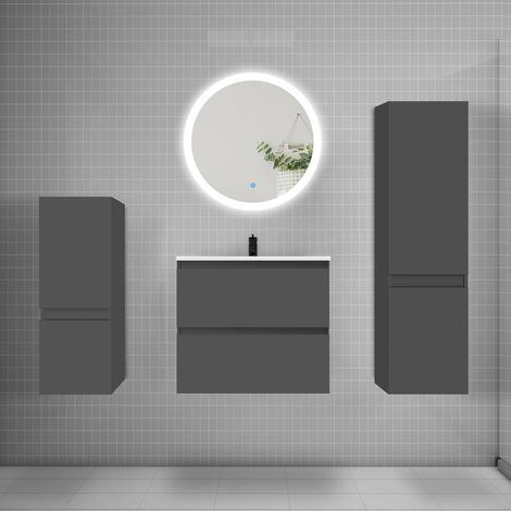 Ensemble meuble vasque L.60cm 2 tiroirs + lavabo + LED miroir 60cm + 2colonne,anthracite (1/5)