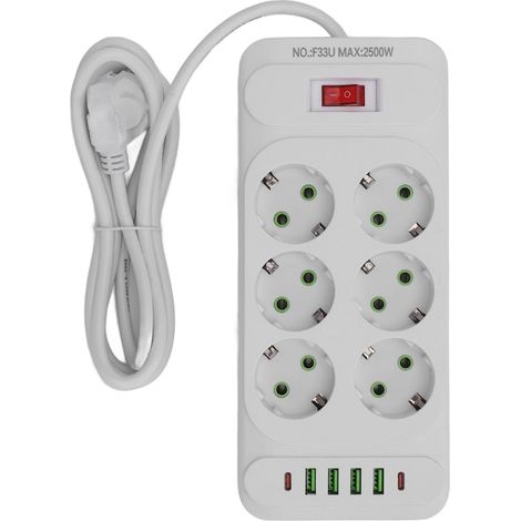 Rallonge électrique UE 6 prises, 4 ports USB + 2 USB-C, câble 2 mètres, chargeur multiprise blanc pour maison et bureau, alimentation multiple appareils. (1/5)