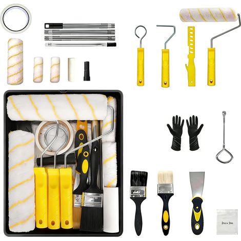 Rouleau Peinture,Set De Rouleaux De Peinture,Un Ensemble De Rouleaux Pour Peindre Et Dessiner,Avec Manche Télescopique En Acier Inoxydable,Convient pour les murs, les plafonds,etc. (21, noir et jaune) (1/5)