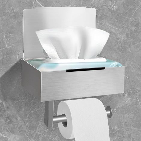 Toilettenpapierhalter Klopapierhalter Ohne Bohren Klorollenhalter Rollenhalter Toilet Paper Holder mit Feuchttücherbox Ablage für Badezimmer Selbstklebend Oder Bohren Silber Neu (1/5)
