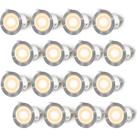 Lot de 16 Spots LED Encastrable pour Terrasse Bois, Etanche IP67, Spots à Encastrer Extérieur, 0,6W DC12V, Lumière Blanc Chaud, Kit Mini Lampe pour Chemin Contremarches d'escalier Plafond [Classe éner