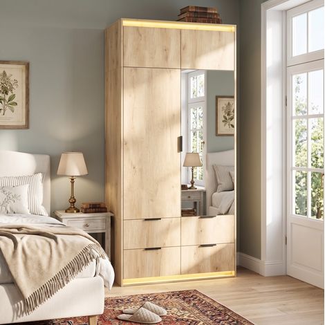 Armoire de chambre 2 portes 90x47x200 cm avec miroir, LED, penderie et 4 tiroirs, MDF décor chêne (1/5)