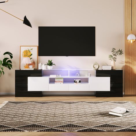 Meuble TV 200 cm brillant avec LED multicolore, meuble bas TV avec rangements 6 portes 2 tiroirs, plateau effet verre, design moderne pour salon, White (1/4)