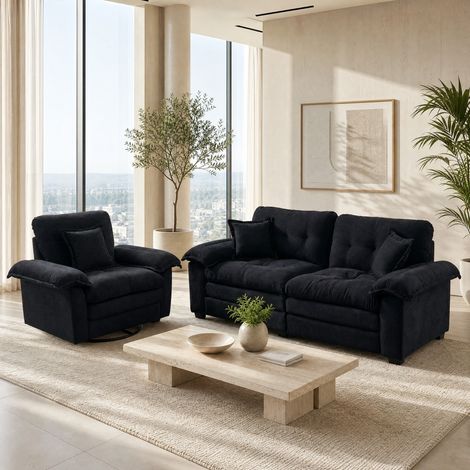 Set di divano 2 pezzi, seduta profonda, cuscini inclusi, tessuto chenille nero (1/5)