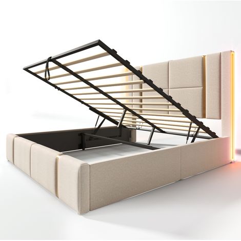 Cama canapé doble 140 x 200 de lino beige con LED, USB Tipo-C y somier (1/5)